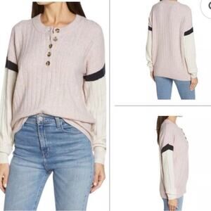 Madewell Bowden Henley Sweater Cozy Knit Ribbed Striped Button Pink Cream Small